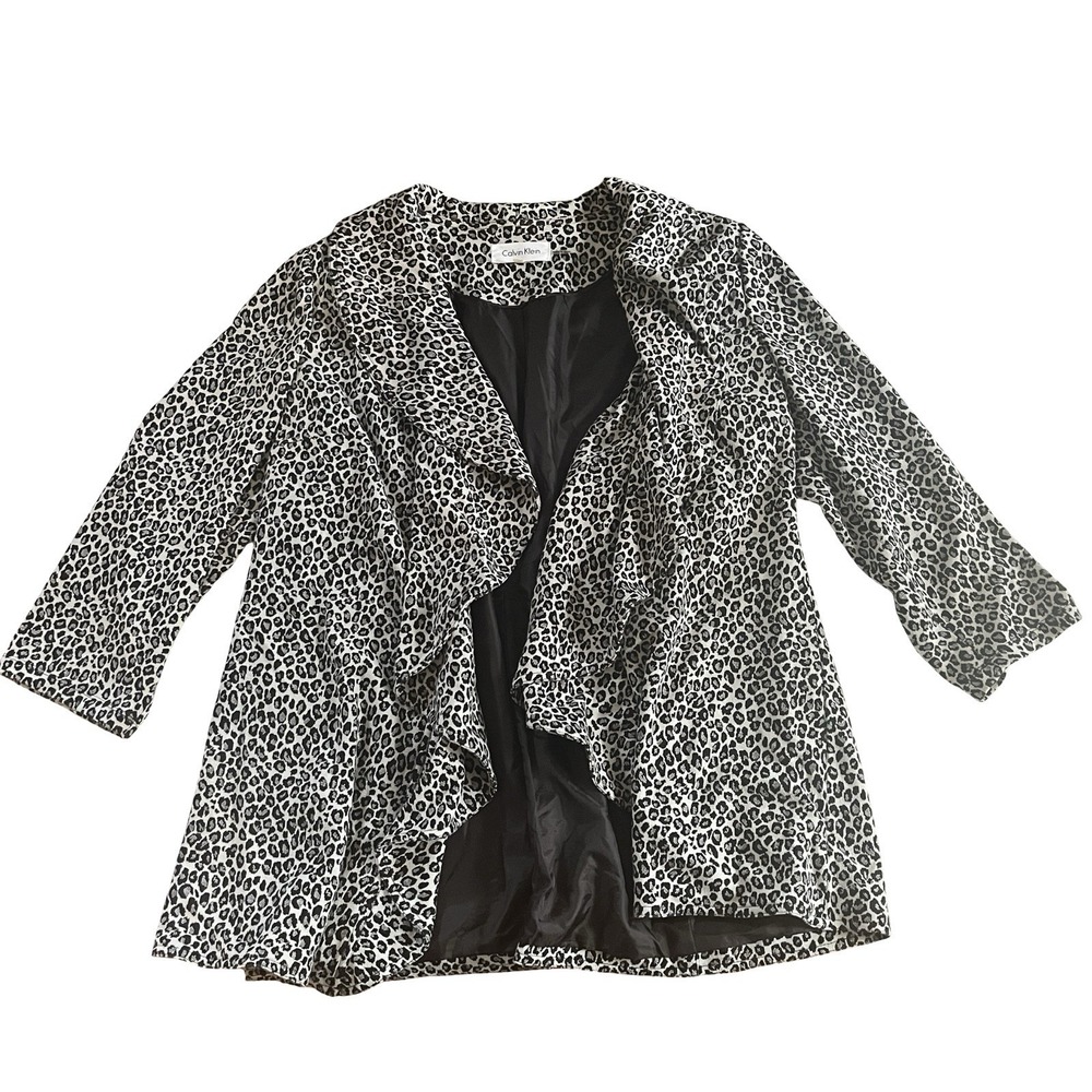 Calvin Klein Women's Size 16W Blazer Gray Leopard Print Open Front Ruffle Career